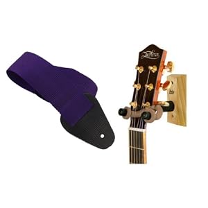 String Swing Wood Guitar Wall Hanger, WALNUT with Bonus Guitar Strap, PURPLE by 