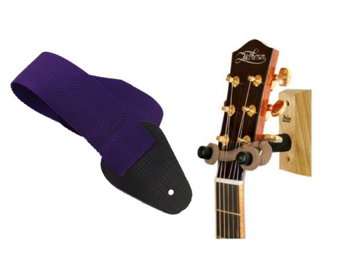 String Swing Wood Guitar Wall Hanger, WALNUT with Bonus Guitar Strap, PURPLE