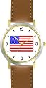 US Flag American Theme - WATCHBUDDY&reg; DELUXE TWO-TONE THEME WATCH - Arabic Numbers - Brown Leather Strap-Size-Large ( Men's Size or Jumbo Women's Size )