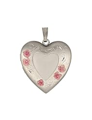 Sterling Silver Heart Shape Pink Flower Design Sterling Silver Engravable Locket