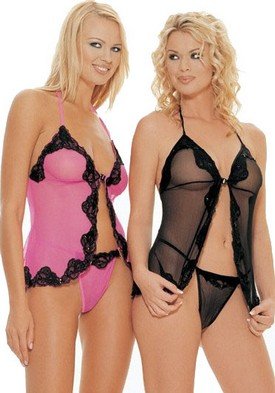 2PC Mesh Babydoll Sexy Lingerie Intimate Apparel with Sequined Lace Trim and G-String
