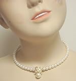 White Simulated Pearl Choker Necklace with Crystals and Rhinestone Pendant and Matching Earrings...