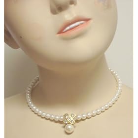 Click here to buy White Simulated Pearl Choker Necklace with Crystals and Rhinestone Pendant and Matching Earrings... by Gita.