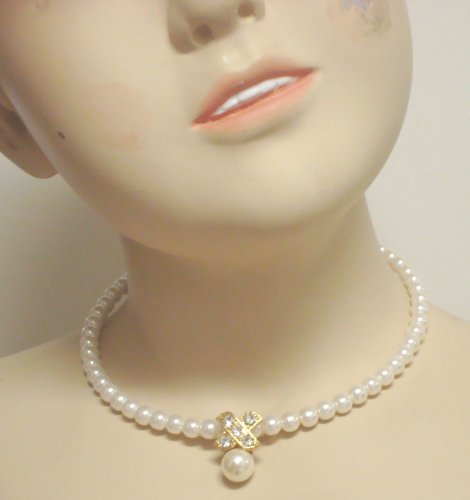 Click here to buy White Simulated Pearl Choker Necklace with Crystals and Rhinestone Pendant and Matching Earrings....