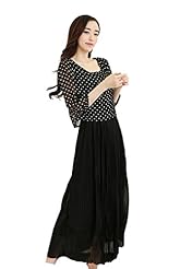 Chiffon Pleated Summer Polka Dot Print Maxi Dress 