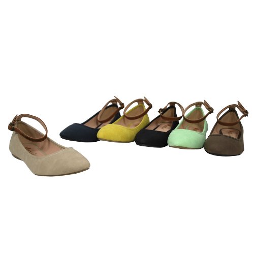 Mixx Shuz REGAN Women's Pointed Toe Buckled Ankle Strap Ballet Flats Casual Shoes, Color:BROWN, Size:6