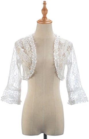 Topwedding 3/4 Sleeves Ivory Lace Bridal Shawl Wrap with Ruffle Edge