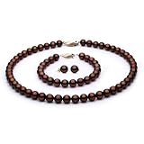 14k Gold 8-9mm Chocolate Freshwater Cultured Pearl Set AAA Quality, Set Includes Necklace, Bracelet, & Earrings