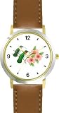 Red & Gray Throated Hummingbirds on Branch & 3 Pink Hibiscus Flowers - JP - WATCHBUDDY&reg; DELUXE TWO-TONE THEME WATCH - Arabic Numbers - Brown Leather Strap-Size-Large ( Men's Size or Jumbo Women's Size )