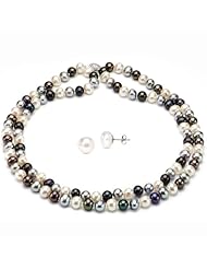 Sterling Silver 7-8mm Multi Dark Freshwater Pearl 2 Rows Necklace 17" Length Secured with Filigree Clasp and Free Matching Stud Earring.