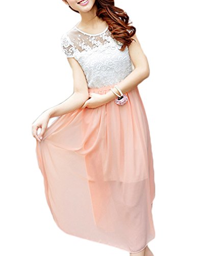 (ディーコッテ)D'Kotte 切り替え マキシ ワンピース レース シースルー 半袖 ブラウス ワンピ フレア aライン リゾート neay091