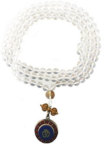 Crystal Quartz Mala 108 Beads Knotted with Tibetan Om &amp; Hand Painted Om Mani Padme Hum Guru Bead by Tibet Imports