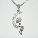 Angel Moon Cultured Pearl Silver Pendant w. Silver Chain Necklace