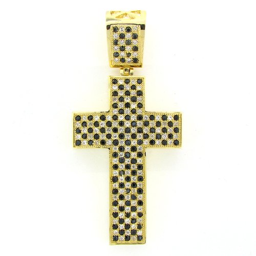 Men's Iced Out Hip Hop 14K Gold Plated Cubic Zircoina (CZ) Micro Pave Black Checkered Patterns Latin Cross Religious Charm Pendant