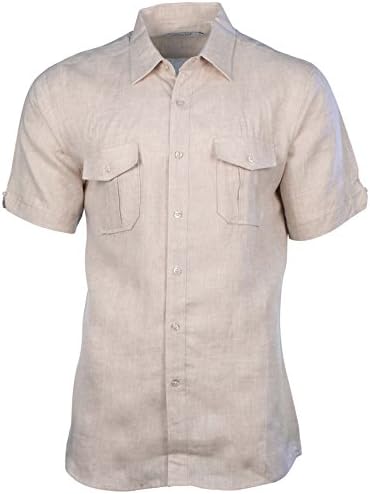Mojito Collection Men's Linen 2-Pocket Short Sleeve Button Down Shirt-Natural-XL