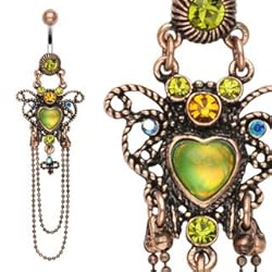 Vintage Heart Belly Ring with Chain Dangle - 14G - 3/8" Bar Length - Sold Individually