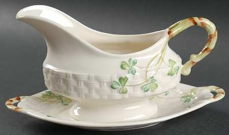 Belleek Pottery (Ireland) Shamrock Gravy Boat and Underplate, Fine China Dinnerware