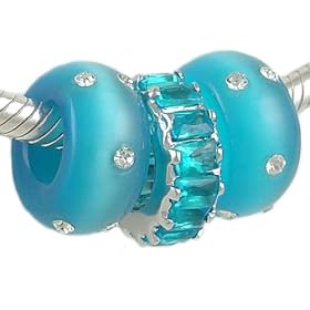 Teal Blue Cat's Eye Baguette CZ Sterling Bead Trio for European Charm Bracelet