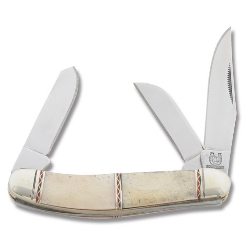 Rough Rider Sowbelly Stockman Fold Knife, Clip, spey and sheepsfoot blade, White smooth bone