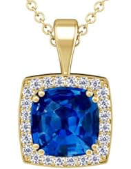 14K Yellow Gold Cushion Cut Blue Sapphire And Round Diamond Pendant