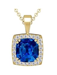 18K Yellow Gold Cushion Cut Blue Sapphire And Round Diamond Pendant