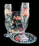 Fantasy Fish Design - Hand Painted - Matching Set of Toasting Flutes - 6 oz. & 7 inch Cake Plates