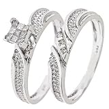 1/5 Carat T.W. Round, Princess Cut Diamond Engagement Ring and Women's Wedding Band Set 14K White Gold - Size 7