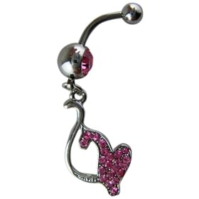 Pink Crystal CZ Dangle Belly Button Navel Ring Bar Silver - Baby Phat - Pink