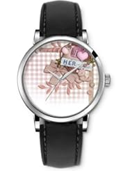 SPRAWL Aanalog Fashion Series Silver Ladies Watches of Genuine Black Leather Strap,Unique Wrist Watch for Women Girls Designed with I love her