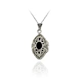 Sterling Silver Marquise Shaped Marcasite and Onyx Locket Pendant