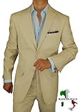 Bianco Brioni Italian Linen Mens Suit Modern Two Button 2pc Flat Front Pants Ticket Pocket Hand Tailored Suit Tan Beige (38 Short)