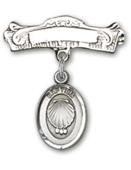 Sterling Silver Baby Badge with Baptism Charm and Arched Polished Badge Pin