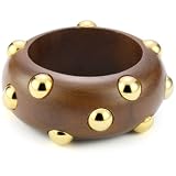 Kenneth Jay Lane Dark Wood And Gold Cabochon Bangle