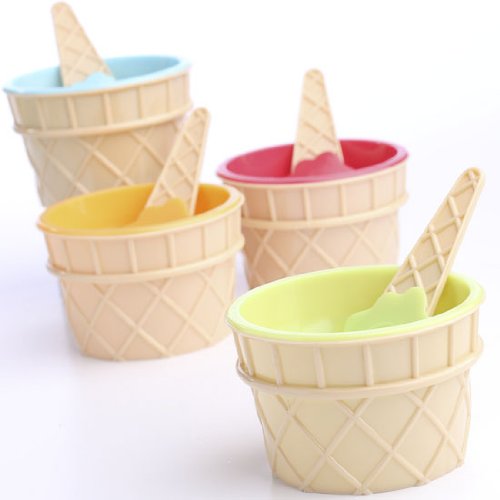 4 Ice Cream Cone Bowls and 4 Color Coordinated Spoons Made of Hard