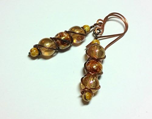 Wire Wrapped Oxidized Copper and Glass Earrings