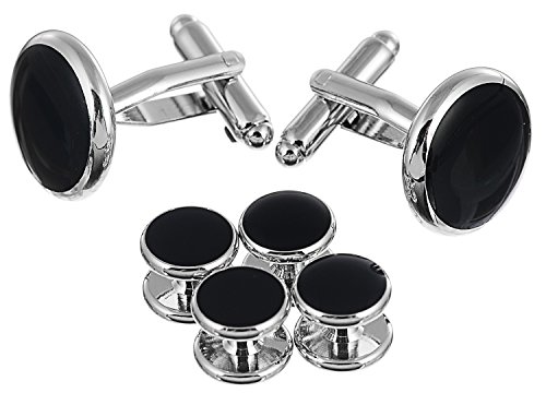 Areke Tuxedo Mens Cufflinks And Studs Set For Formal Shirts Business Wedding With Shiny Silver Trimming