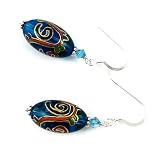 Sterling Silver and Painted Lampwork Glass Dangle Earrings Blue Gold