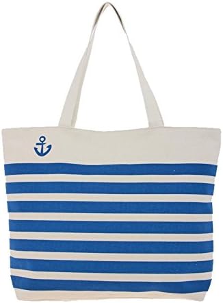 Striped Nautical Anchor Print Summer Beach Canvas Fashion Tote Bag with Zipper (Blue)