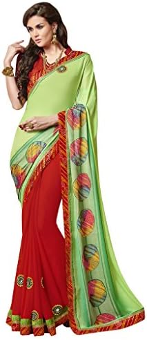 Varibha Branded Designer Indian Pakistani Chiffon Green Red Half And Half With Lace Heavy Saree ( Best Gift For Mom, Wife, Sister )