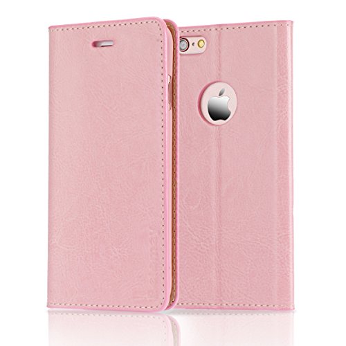 Belemay Slim Cowhide Leather Flip Wallet Case with Card Holder for iPhone 6S / 6 - Pink