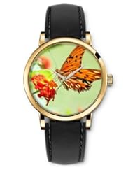 SPRAWL Aanalog Fashion Series Gold Ladies Watches of Genuine Black Leather Strap,Unique Wrist Watch for Women Girls Designed with Butterfly red flower