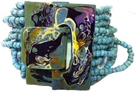 2-6 Day Delivery- Multiple Colors Available, Hand-painted Abstract Handmade Beaded Balinese Bracelet or Necklace, with Painted Natural Wood Hook Buckle Closure Multi Strand Glass Beaded Jewelry Trendy Atristic Unique Design Modern Artsy Indonesian Fashion Accessory from Bali (Bracelet, Turquoise Antik)