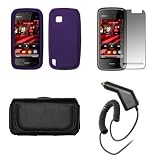 Nokia Nuron 5230 Premium Black Leather Carrying Pouch+ Purple Soft Silicone Skin Case Cover+Premuim LCD Screen Protetor+Premium Rapid Car Charger+Antenna Booster Combo For Nokia Nuron 5230
