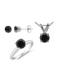 1 CT Black Diamond Set 14K White Gold - Ring, Pendant & Earrings