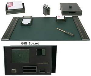 Green Leather & 24kt Gold Tooled 7Pc Gift Set