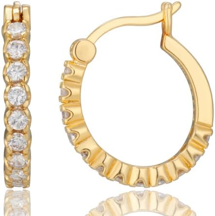 Cubic Zirconia Traditional Hoop Earrings with Genuine Gold Tone Plating
