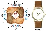 Black & White Hands and Forearms Interlocking - Yes We Can No.2 - President Barack Obama Commemorative - WATCHBUDDY&reg; DELUXE TWO-TONE THEME WATCH - Arabic Numbers - Brown Leather Strap-Size-Children's Size-Small ( Boy's Size & Girl's Size )
