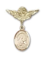Gold Filled Baby Badge with St. Theresa Charm and Angel with Wings Badge Pin