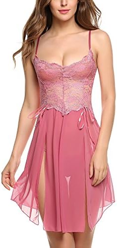 LOSTSS Womens Sexy Lingerie Irregular Length Nightwear Mesh Lace Babydoll Pink-XXL (FBA)