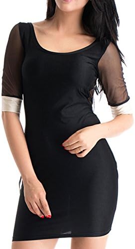 Laryana Women Half Sleeve Backless Scoop Neck Mesh Patchwork Body Con Dress XL Black